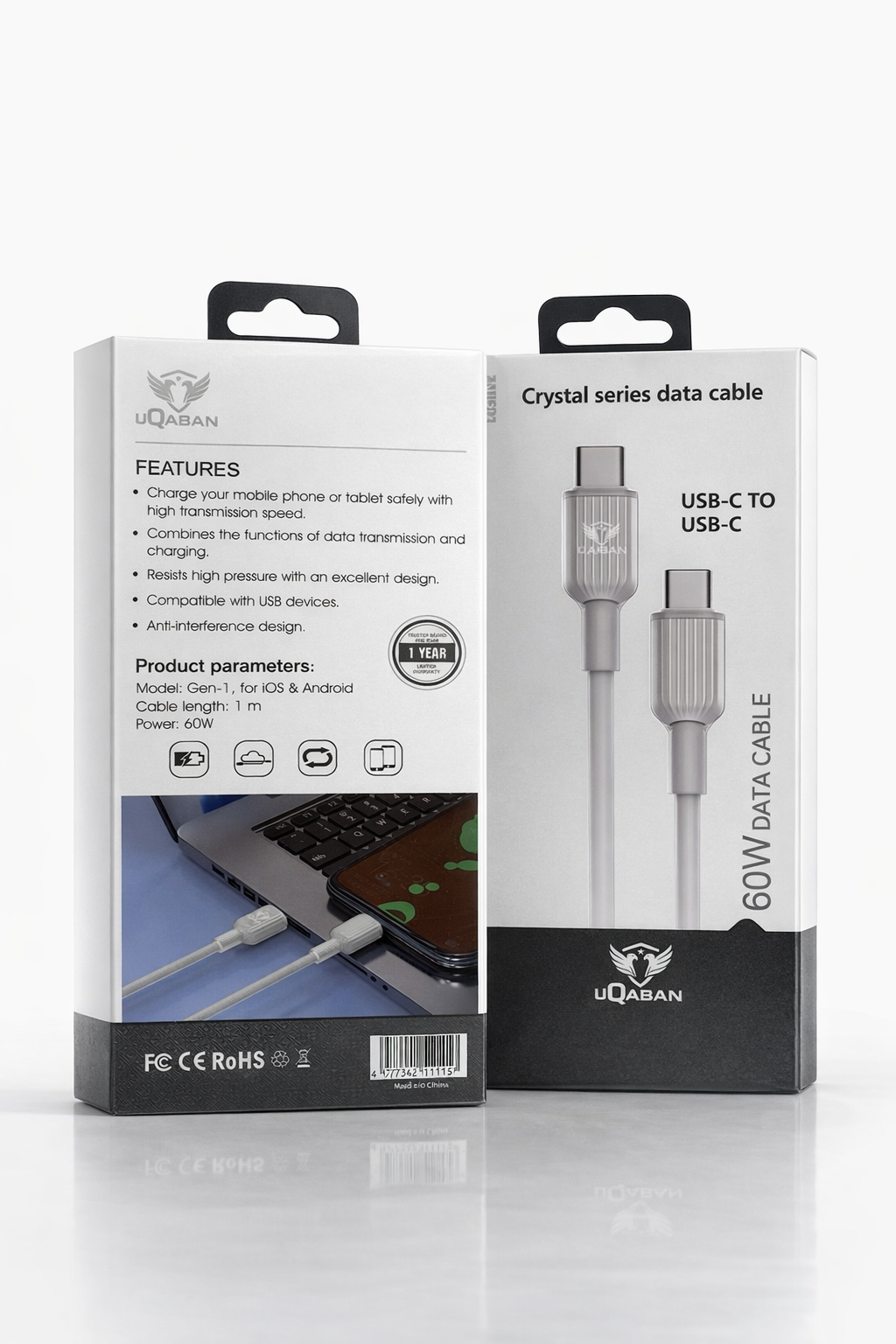 UQABAN Crystal Fast Charging Cable – USB-C | Lightning | 60W Schnellladekabel