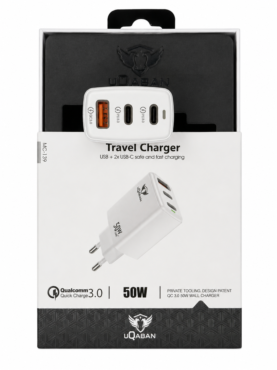50W Travel Charger USB + 2x USB-C Fast Charger