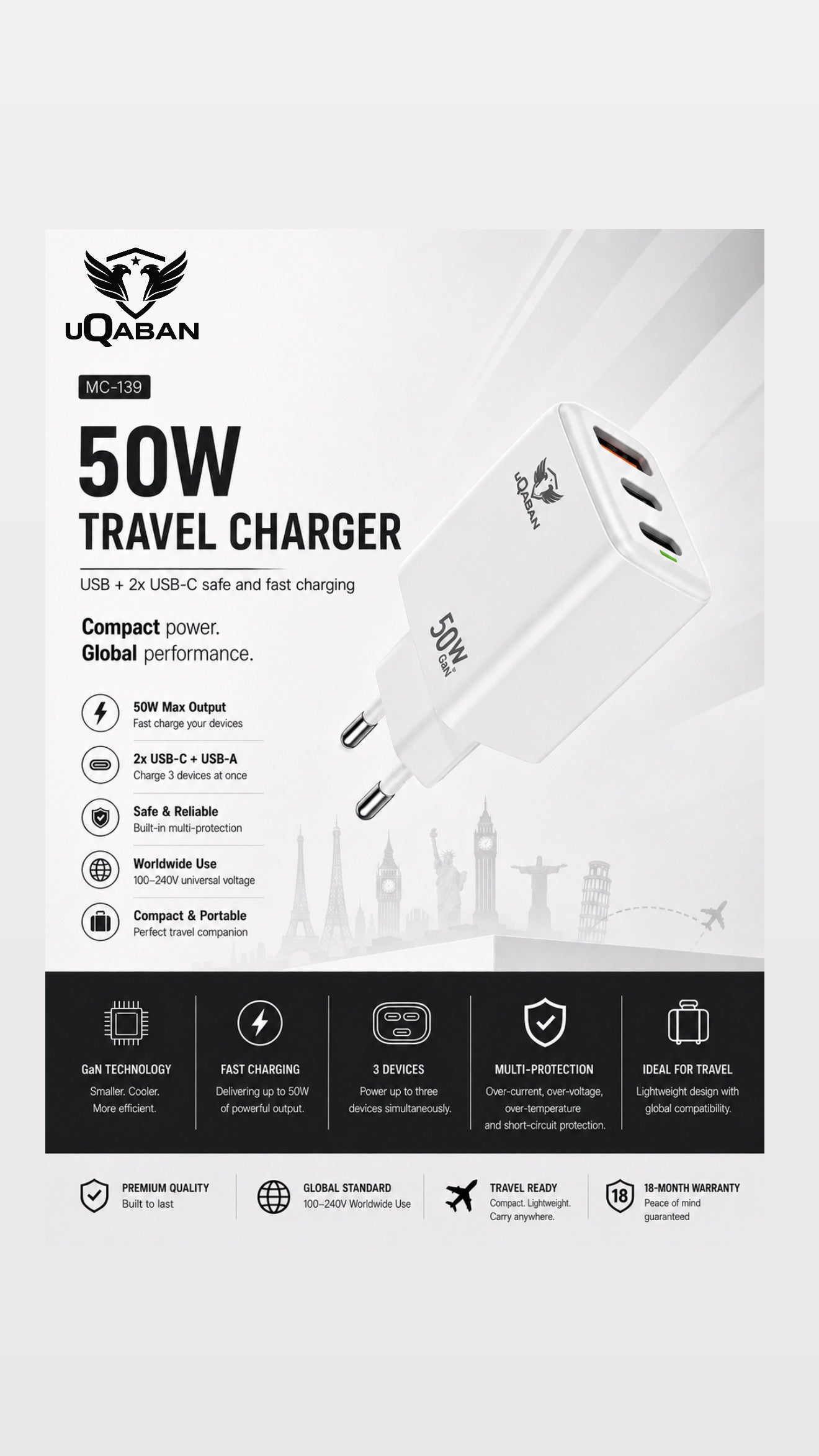 50W Travel Charger USB + 2x USB-C Fast Charger