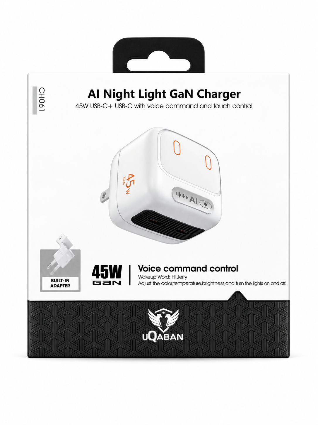 UQABAN 45W AI Night Light Ladegerät – Dual USB-C | LED Nachtlicht | Sprachsteuerung
